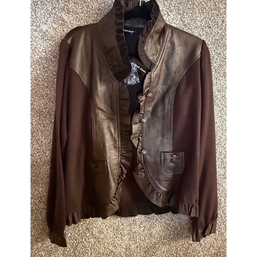 Michael Simon Jacket L Brown Lambskin Leather Knit Ruffle Mixed Media Victorian